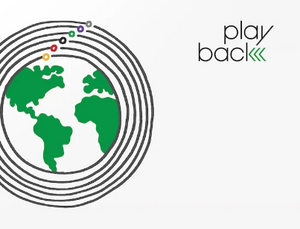 Logo with a stylized world map and 'play back' text on a white background