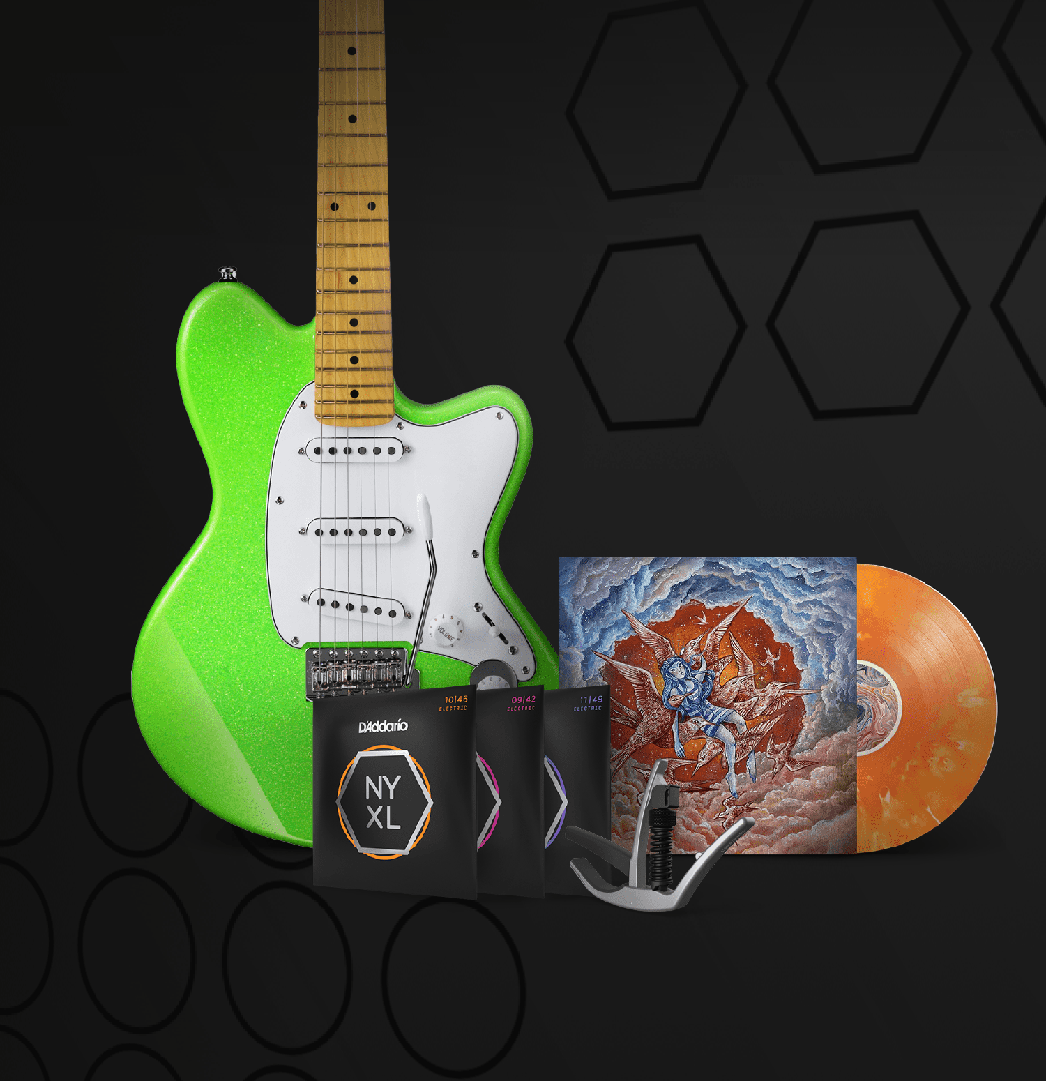 Green electric guitar with strings and record