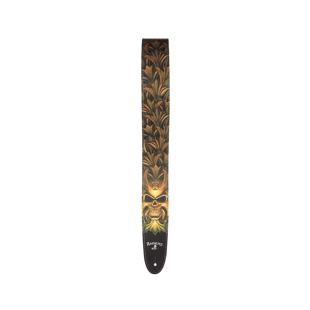 D'Addario Alchemy Leather Guitar Strap, Green Skull
