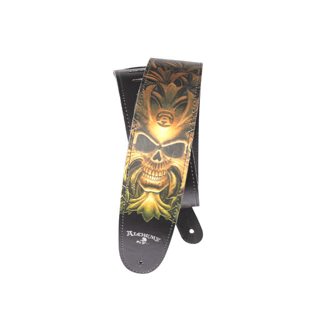 Alchemy Leather Guitar Strap, Green Skull