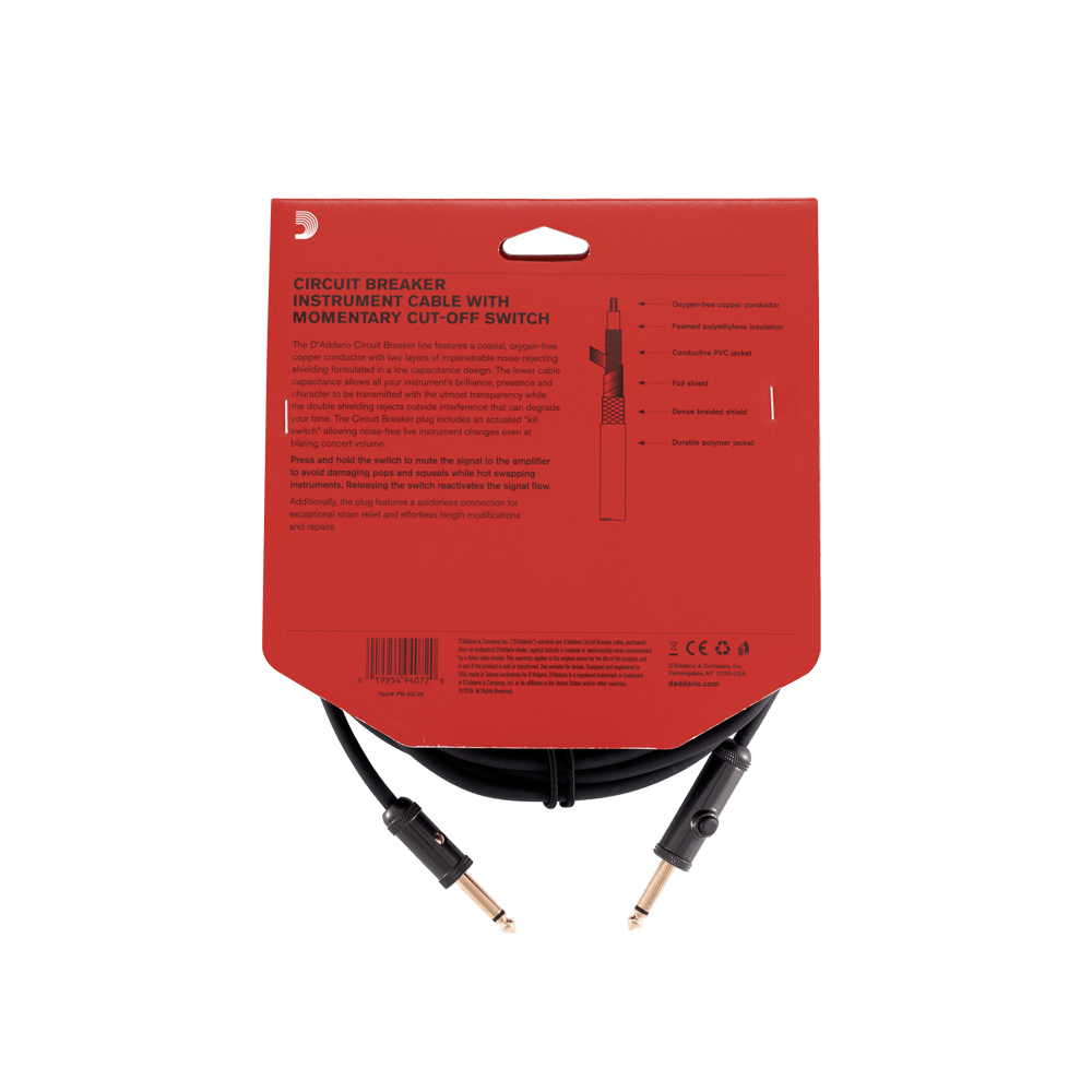 D'Addario Circuit Breaker Momentary Mute Instrument Cable, 20 feet