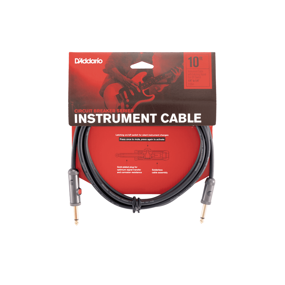 D'Addario Circuit Breaker Instrument Cable with Latching Cut-Off Switch, Straight Plug, 10 feet