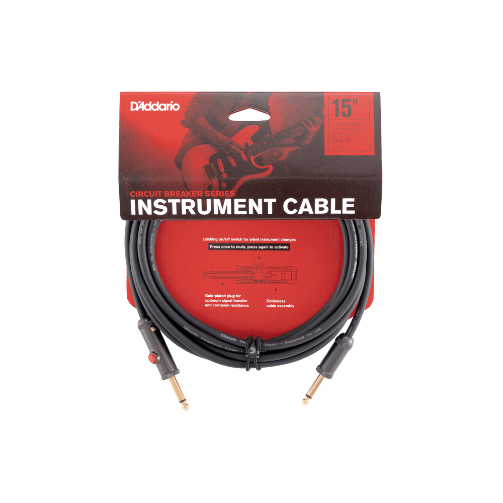 D'Addario Circuit Breaker Instrument Cable with Latching Cut-Off Switch, Straight Plug, 15 feet