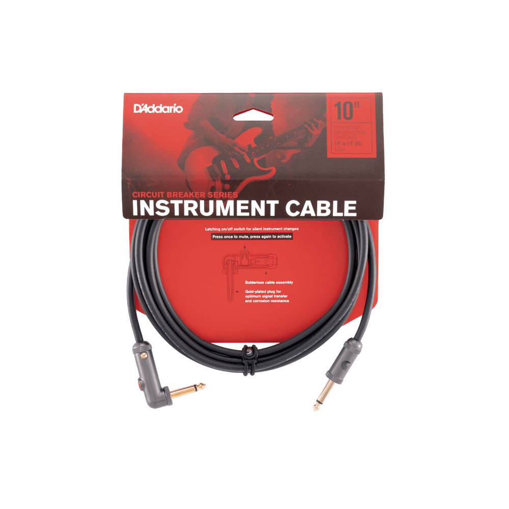 D'Addario Circuit Breaker Instrument Cable with Latching Cut-Off Switch, Right Angle Plug, 10 feet