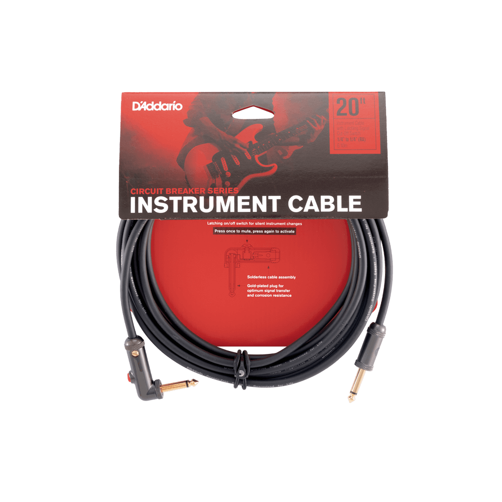 D'Addario Circuit Breaker Instrument Cable with Latching Cut-Off Switch, Right Angle Plug, 20 feet