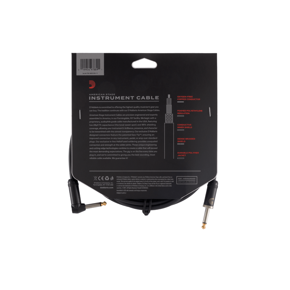 D'Addario American Stage Instrument Cable, Right Angle, 10 feet