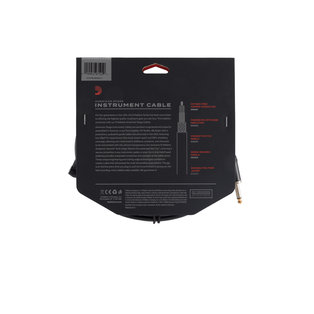 D'Addario American Stage Instrument Cable, Right to Straight, 15 feet