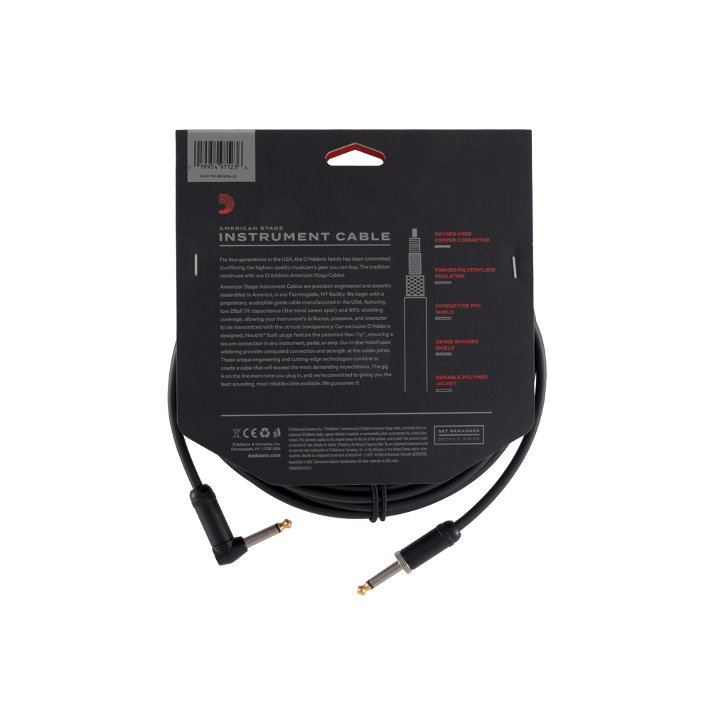 D'Addario American Stage Instrument Cable, Right Angle, 20 feet