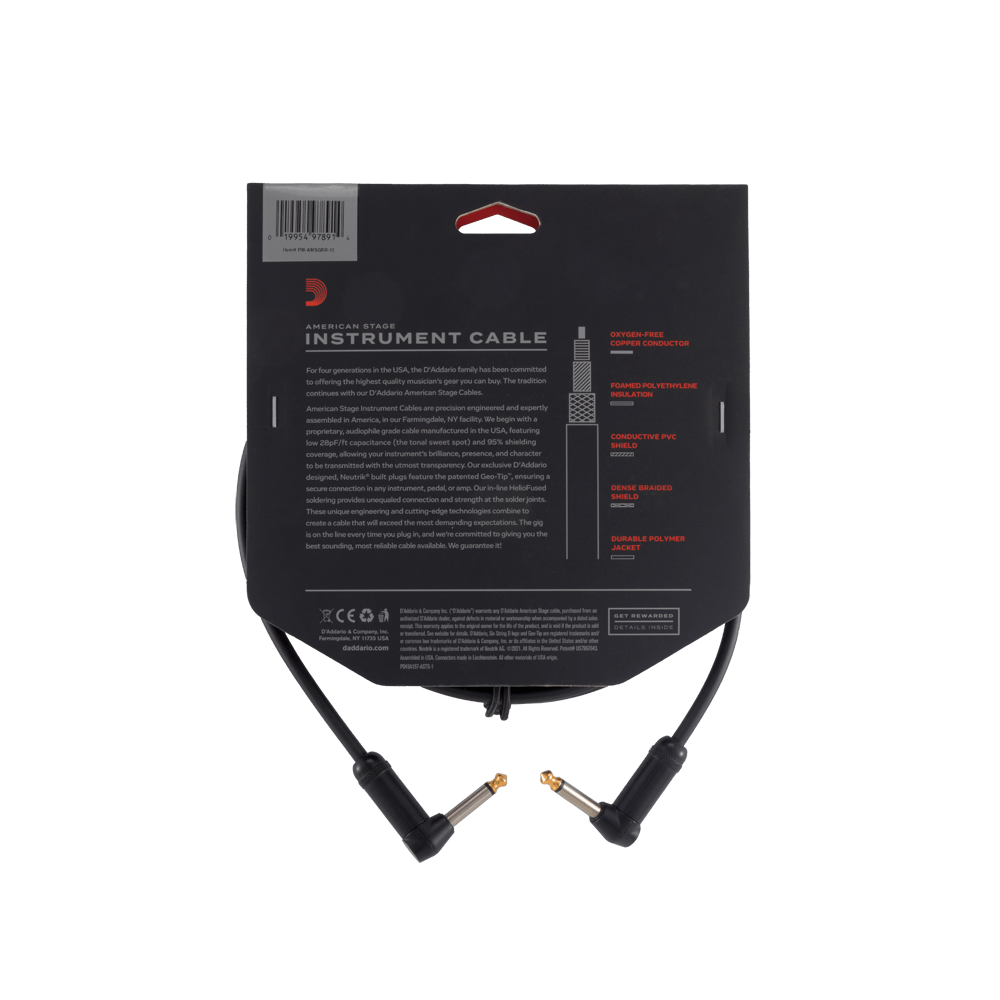D'Addario American Stage Instrument Cable, Dual Right Angle, 10 feet
