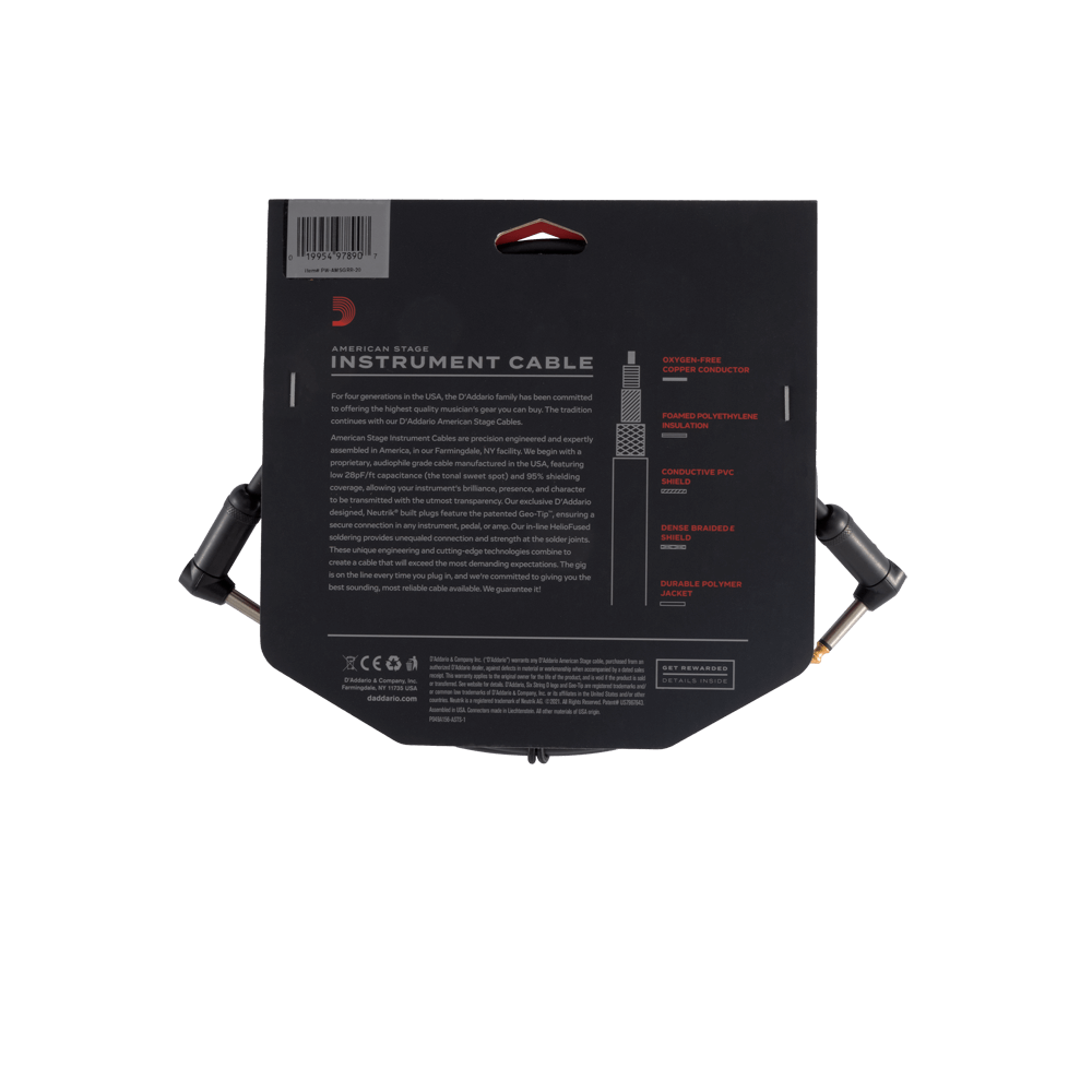 D'Addario American Stage Instrument Cable, Dual Right Angle, 20 feet