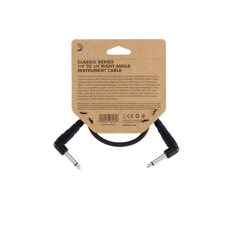 D'Addario Classic Series Patch Cable, Right-Angle, 1 Foot