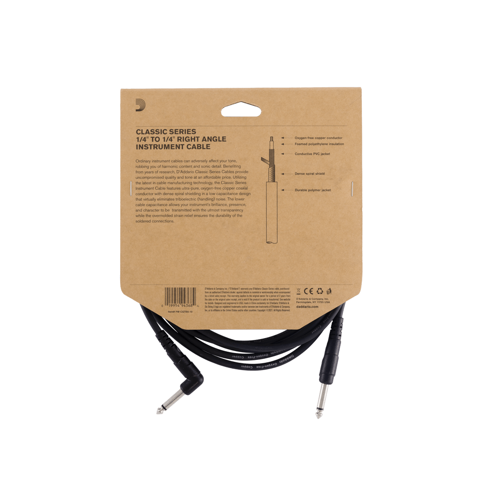 D'Addario Classic Series Instrument Cable, Right Angle Plug, 10 feet
