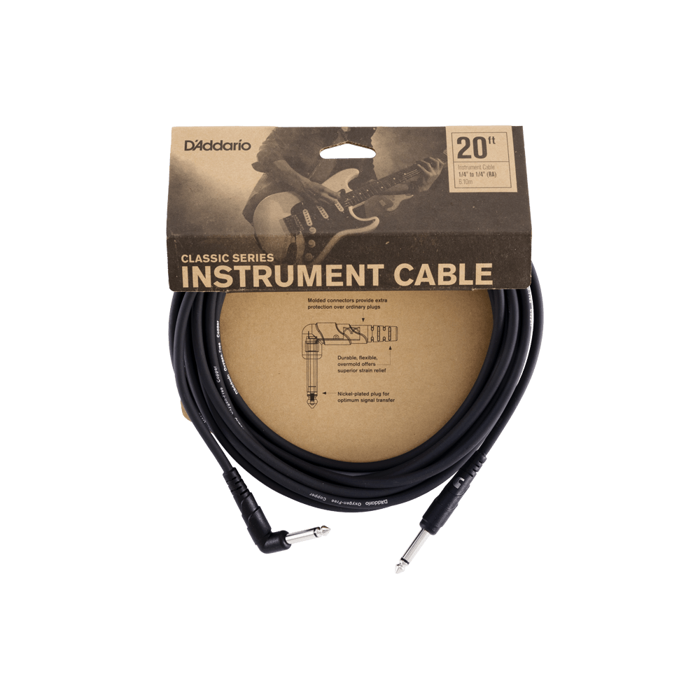 D'Addario Classic Series Instrument Cable, Right Angle Plug, 20 feet
