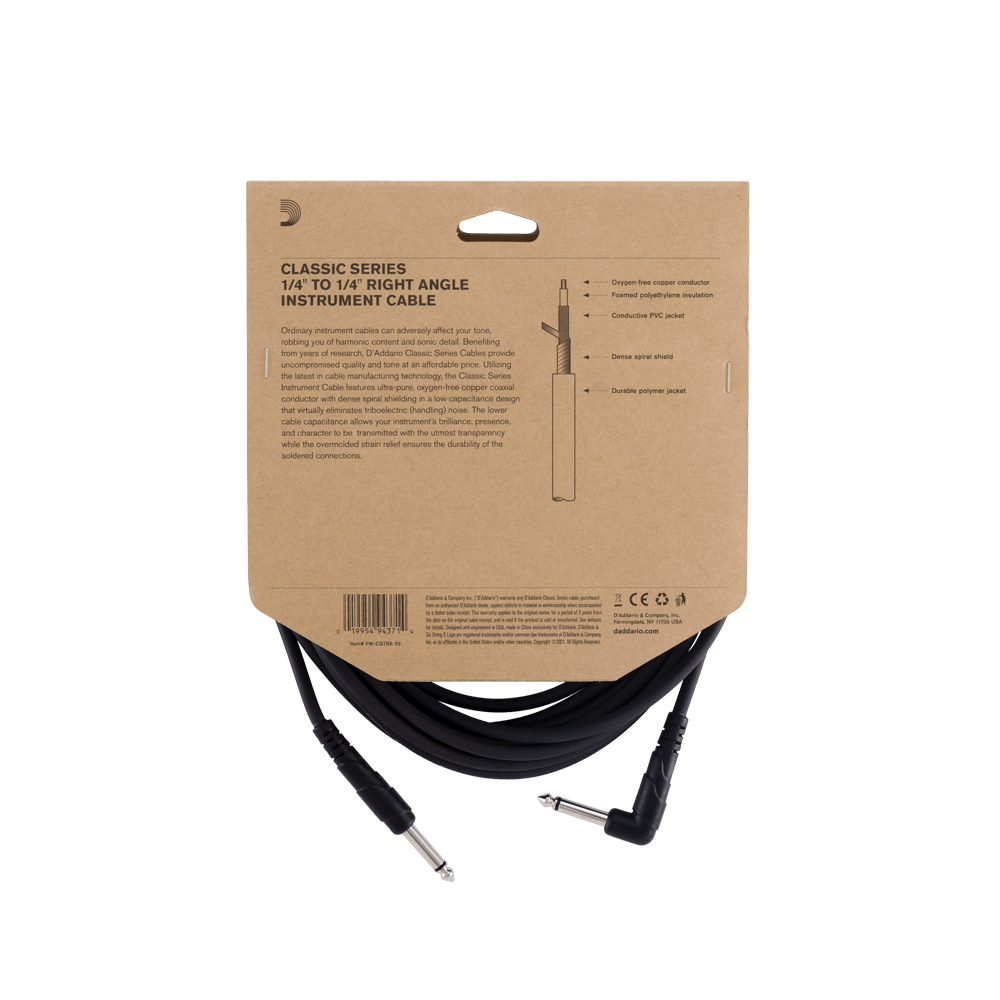 D'Addario Classic Series Instrument Cable, Right Angle Plug, 20 feet