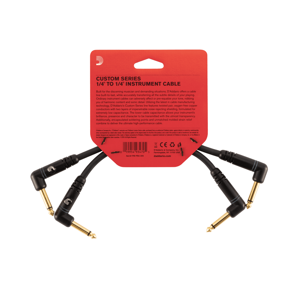 D'Addario Custom Series Patch Cable, 2-pack, Right Angle, 6 Inches