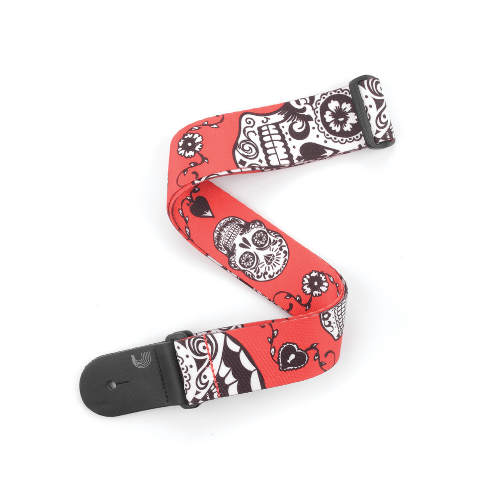 D'Addario Polyester Guitar Straps, Sugar Skulls, Red