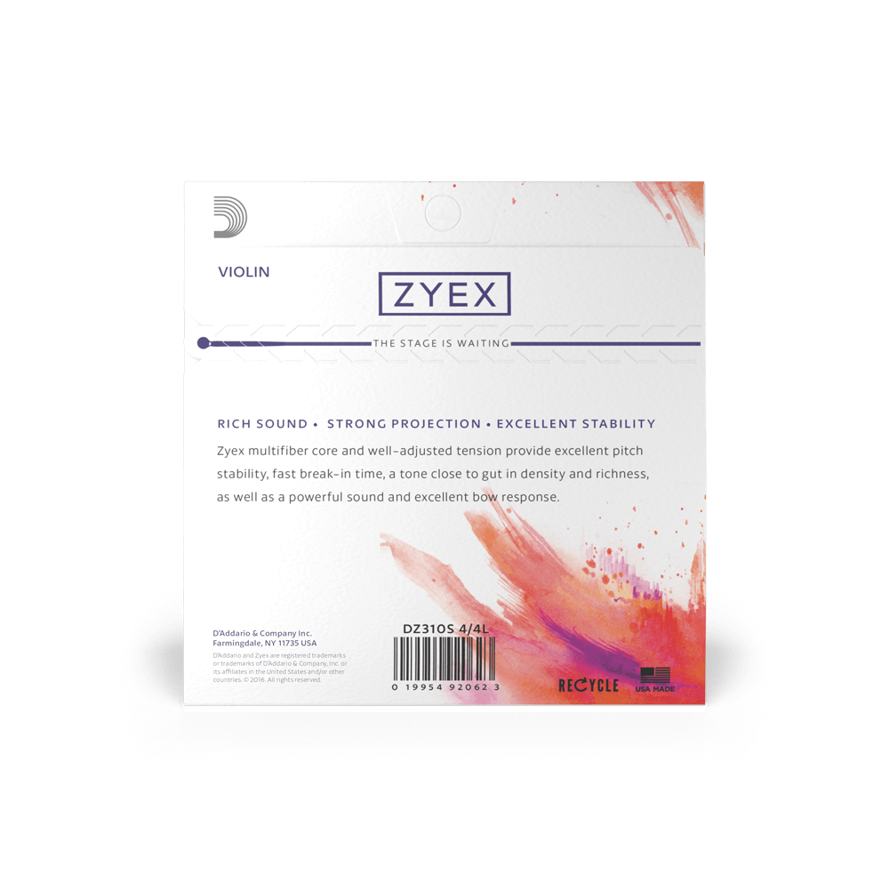 D'Addario Zyex Violin String Set with Silver D, 4/4 Scale, Medium Tension