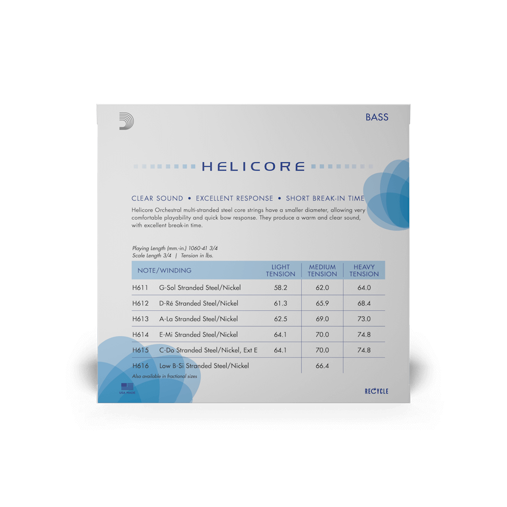 D'Addario Helicore Orchestral Bass String Set, 3/4 Scale, Heavy Tension
