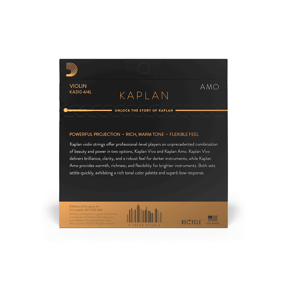 D'Addario Kaplan Amo Violin String Set, 4/4 Scale, Light Tension