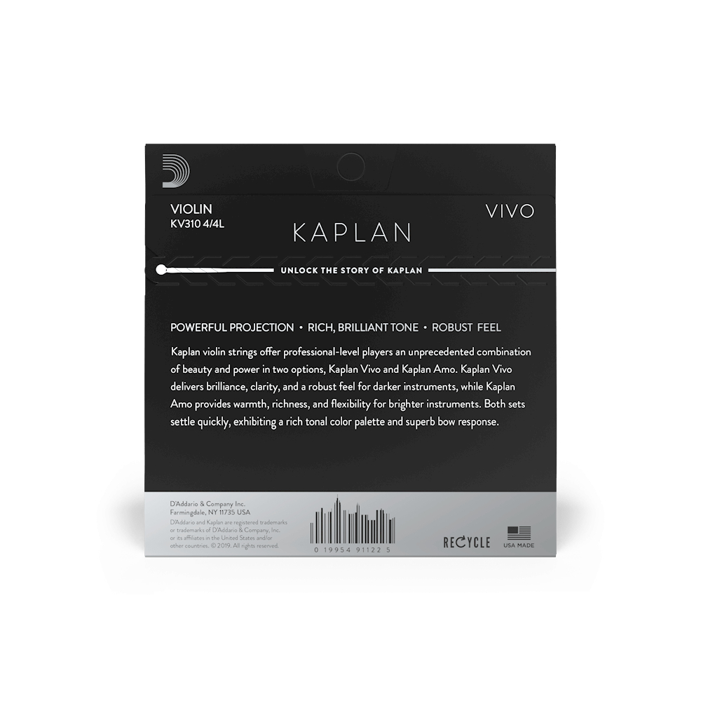 D'Addario Kaplan Vivo Violin String Set, 4/4 Scale, Light Tension