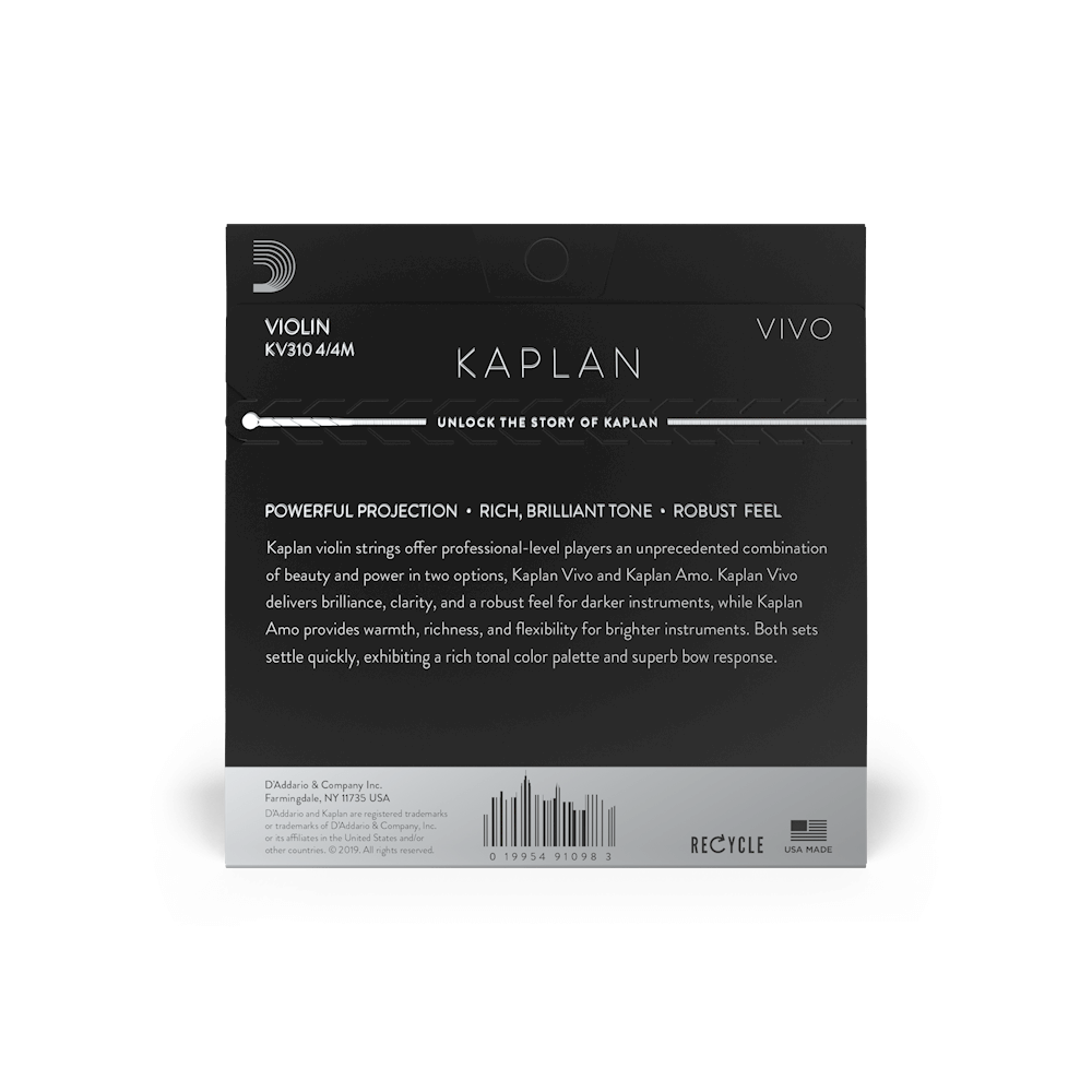 D'Addario Kaplan Vivo Violin String Set, 4/4 Scale, Medium Tension