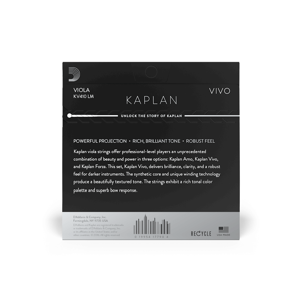 D'Addario Kaplan Vivo Viola String Set, Long Scale, Medium Tension