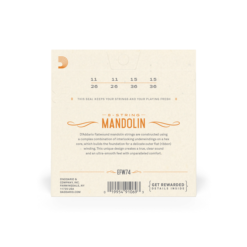 D'Addario EFW74 Flatwound Mandolin Strings, Stainless Steel, Medium, 11-36