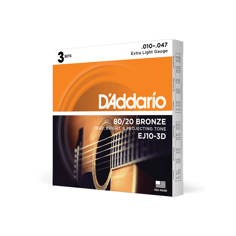 10-47 Extra Light, 80/20 Bronze Acoustic Guitar Strings 3-Pack
