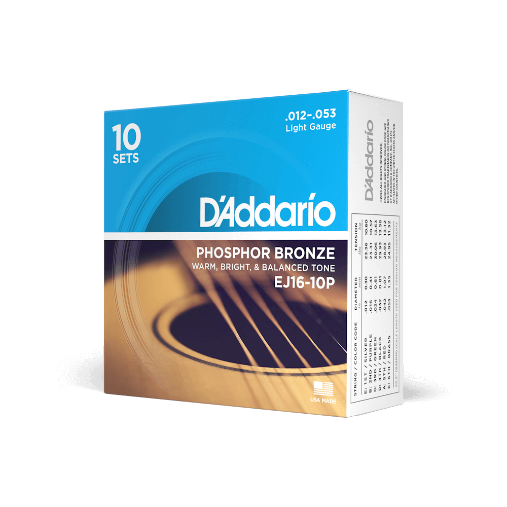 12-53 Light, Phosphor Bronze Acoustic Guitar Strings 10-Pack
