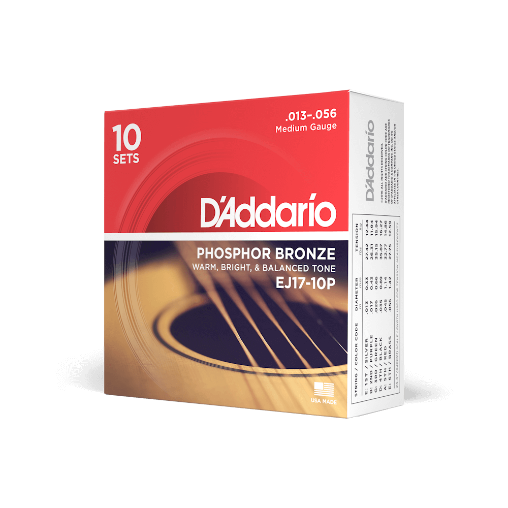 13-56 Medium, Phosphor Bronze Acoustic Guitar Strings 10-Pack