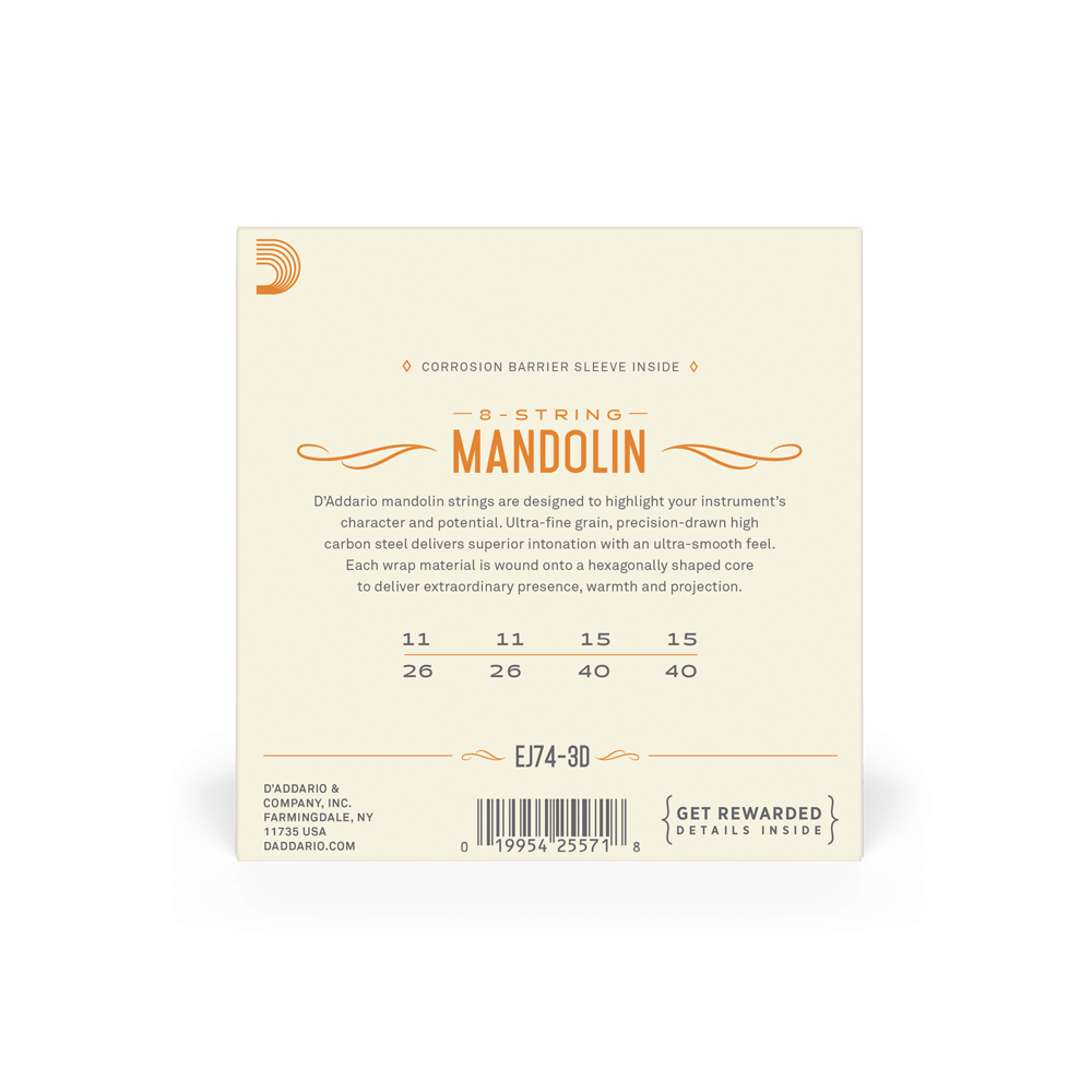 D'Addario EJ74-3D Mandolin Strings, Phosphor Bronze, Medium, 11-40, 3 Sets
