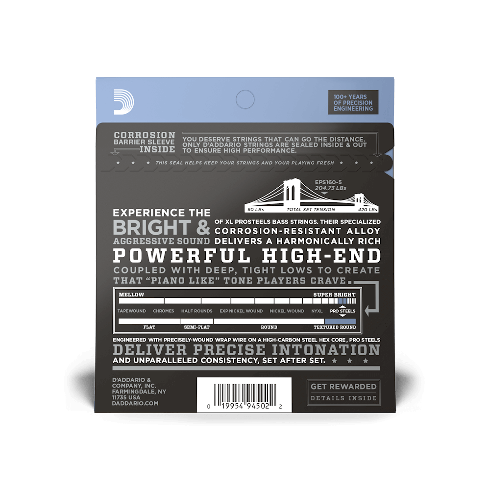45-135 Regular Light Top/Medium Bottom 5-String, Long Scale, XL ProSteels Bass Strings