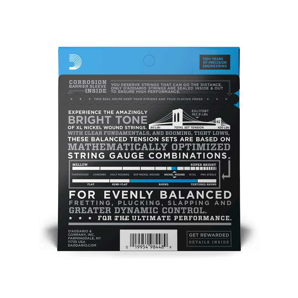 D'Addario EXL170BT Nickel Wound Bass Guitar Strings, Balanced Tension Regular Light, 45-107, Long Scale