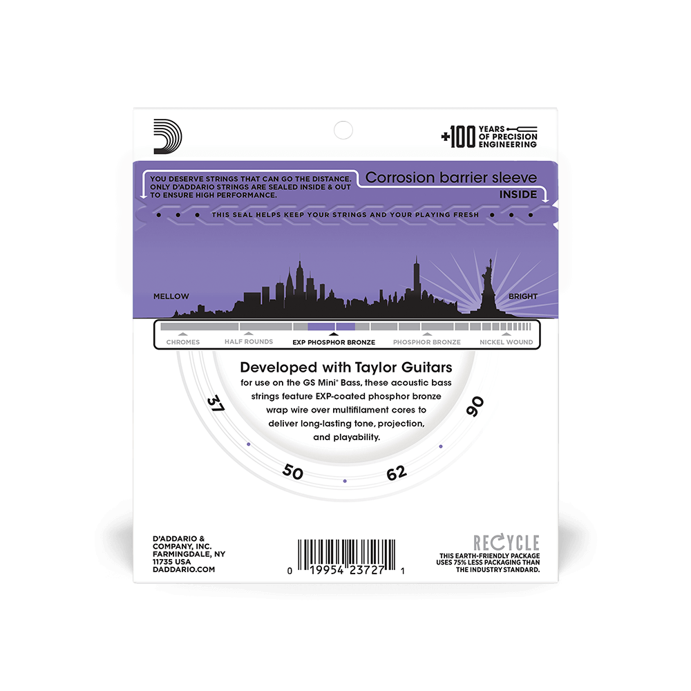 D'Addario EXPPBB190GS Phosphor Bronze Coated Acoustic Bass Strings, Taylor GS Mini Scale, 37-90