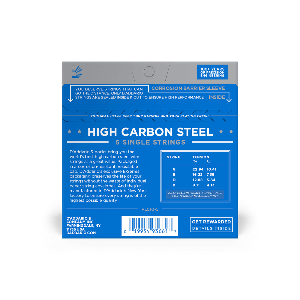 D'Addario PL010-5 Plain Steel Guitar Single String, .010 5-pack