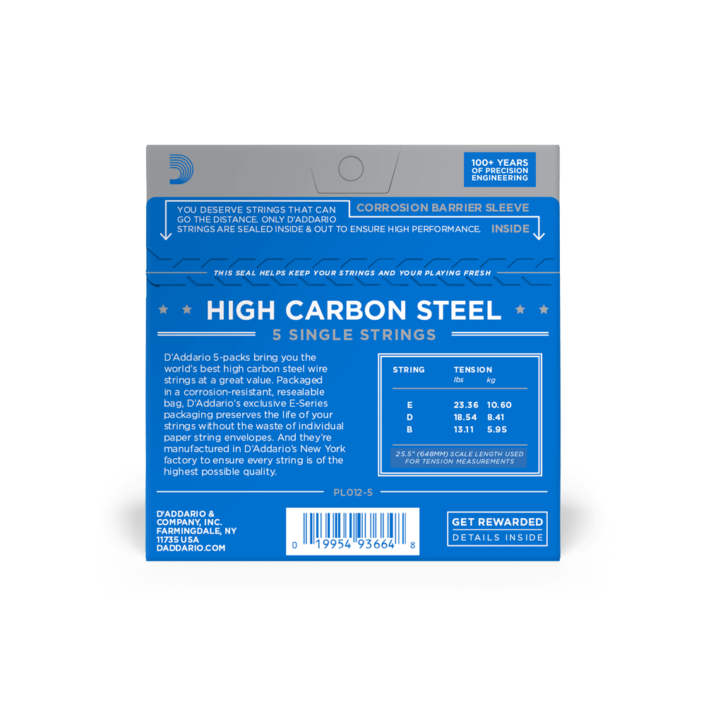 D'Addario PL012-5 Plain Steel Guitar Single String, .012 5-pack