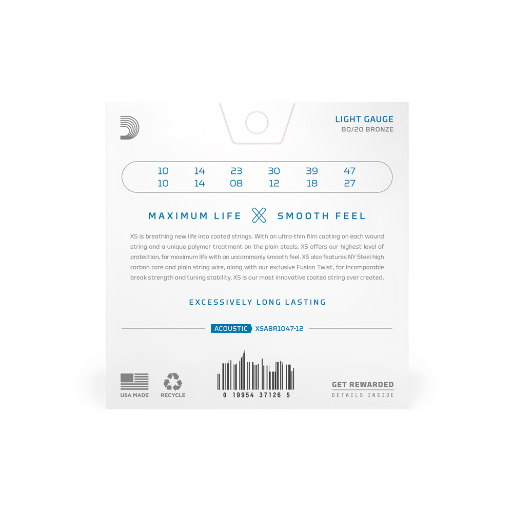 10-47 Light 12-String, XS 80/20 Bronze Coated Acoustic Guitar Strings