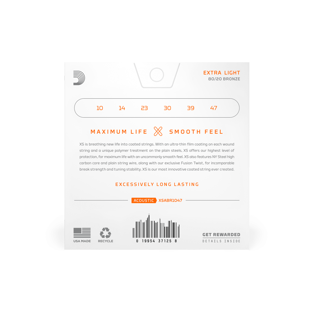 10-47 Extra Light, XS 80/20 Bronze Coated Acoustic Guitar Strings