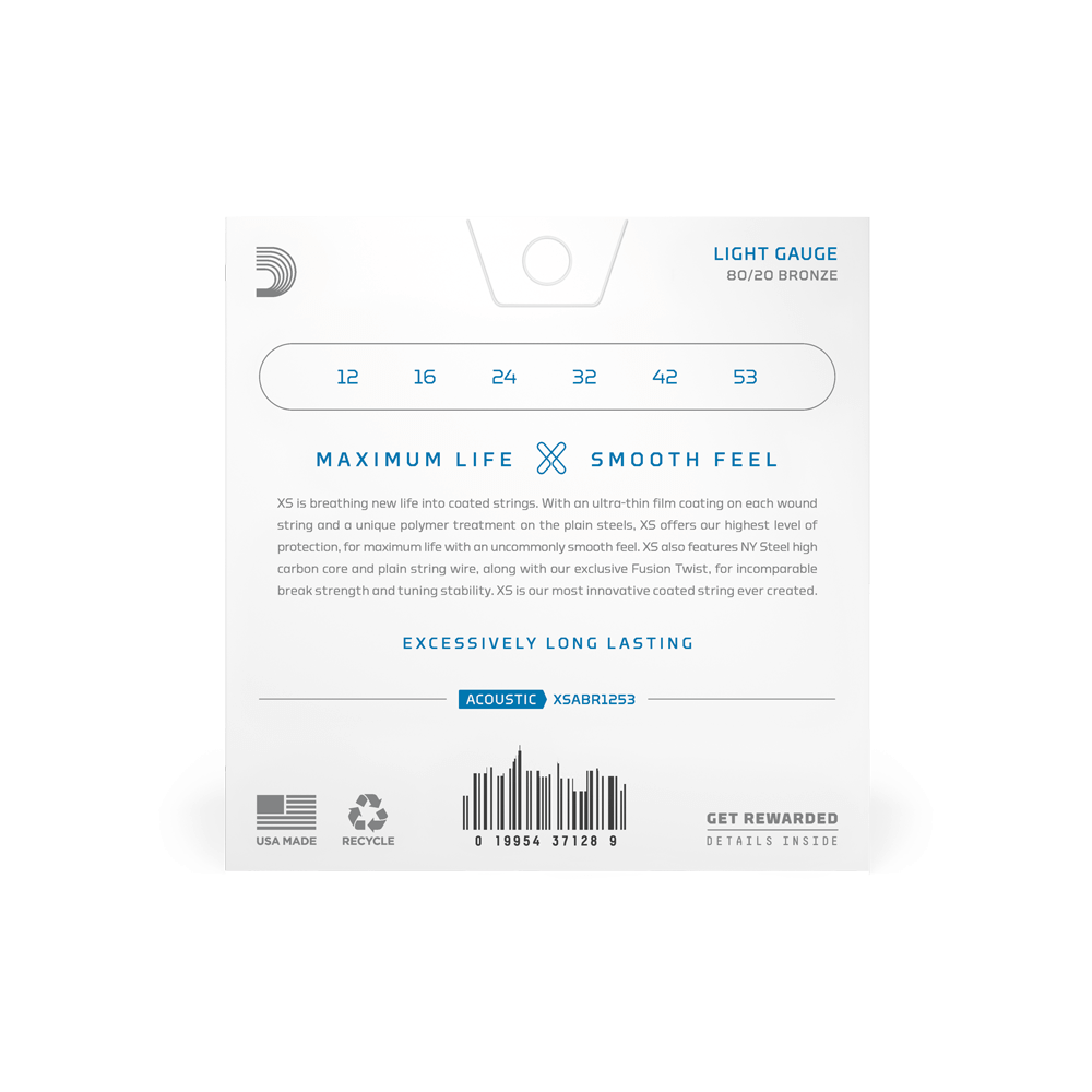 12-53 Light, XS 80/20 Bronze Coated Acoustic Guitar Strings