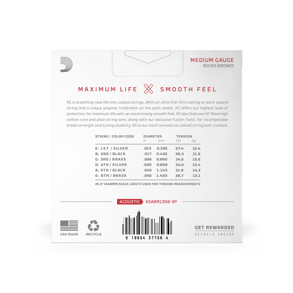 13-56 Medium, XS 80/20 Bronze Coated Acoustic Guitar Strings 3-Pack