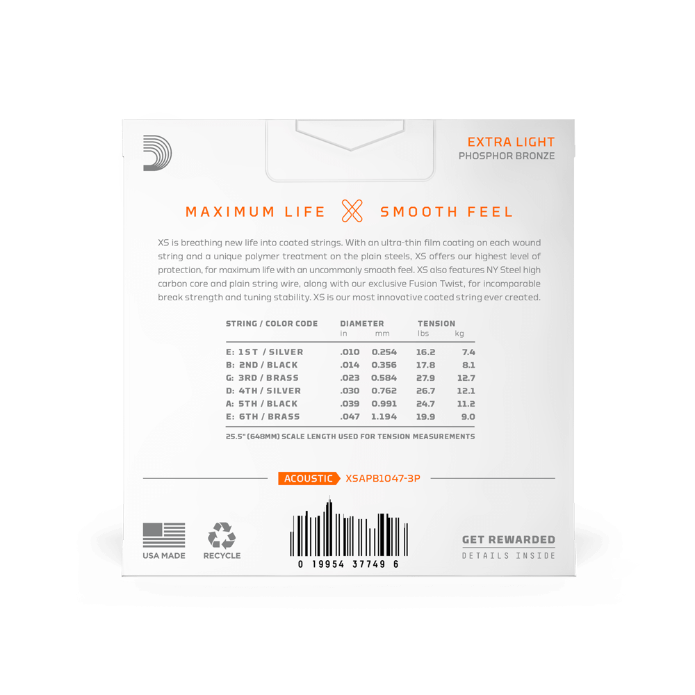 10-47 Extra Light, XS Phosphor Bronze Coated Acoustic Guitar Strings 3-Pack