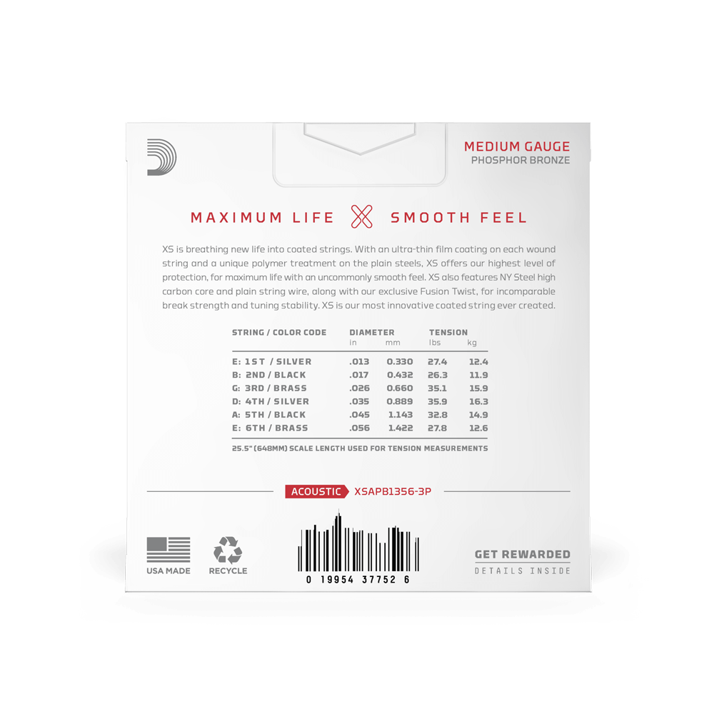 13-56 Medium, XS Phosphor Bronze Coated Acoustic Guitar Strings 3-Pack