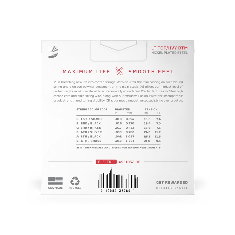 10-52 Light Top/Hvy Btm, XS Nickel Coated Electric Guitar Strings 3-Pack