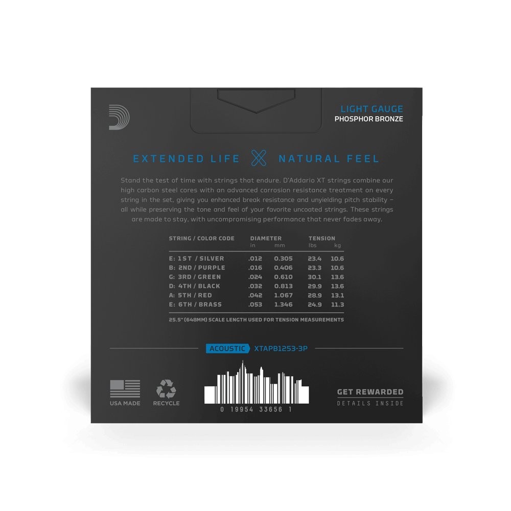 12-53 Light, XT Phosphor Bronze Coated Acoustic Guitar Strings 3-Pack