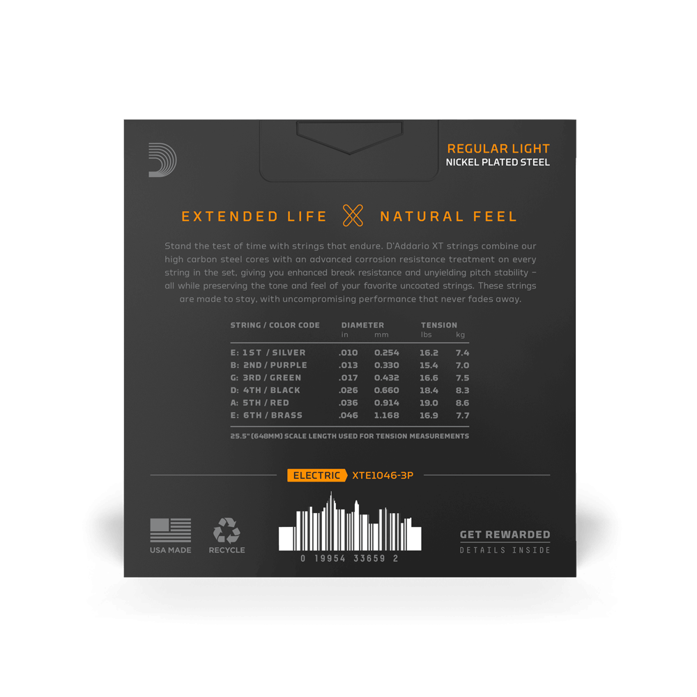 10-46 Regular Light, XT Nickel Coated Electric Guitar Strings 3-Pack