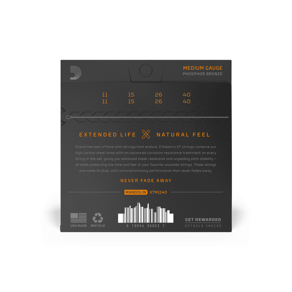 D'Addario XTM1140 XT Phosphor Bronze Mandolin Strings, Medium, 11-40