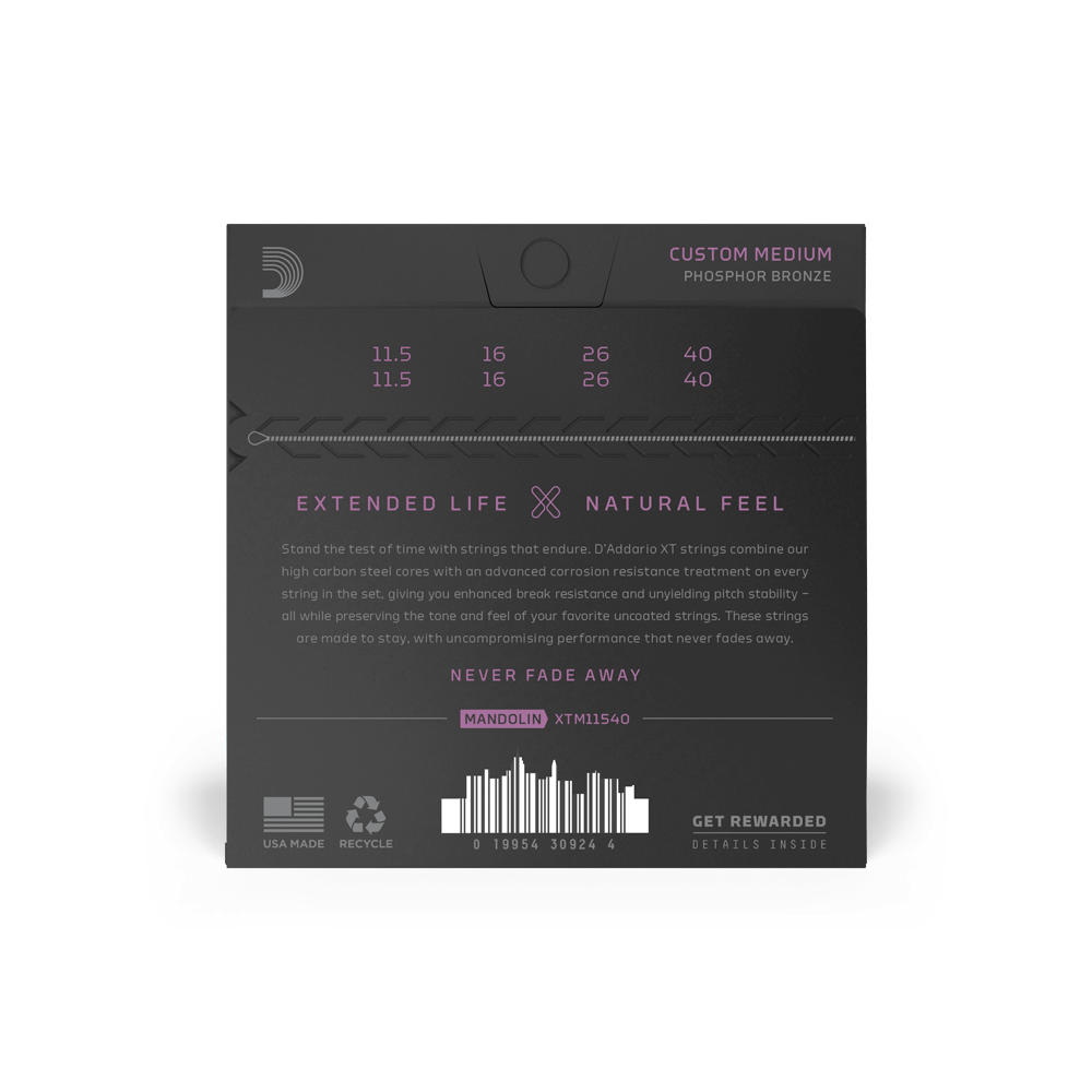 D'Addario XTM11540 XT Phosphor Bronze Mandolin Strings, Custom Medium, 11.5-40