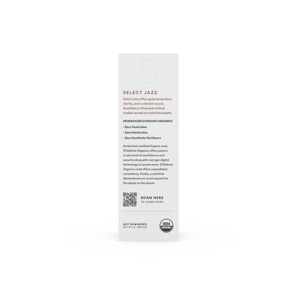 D'Addario Organic Select Jazz Unfiled Tenor Saxophone Reeds, Strength 3 Hard, Individually-Sealed, 5-Pack