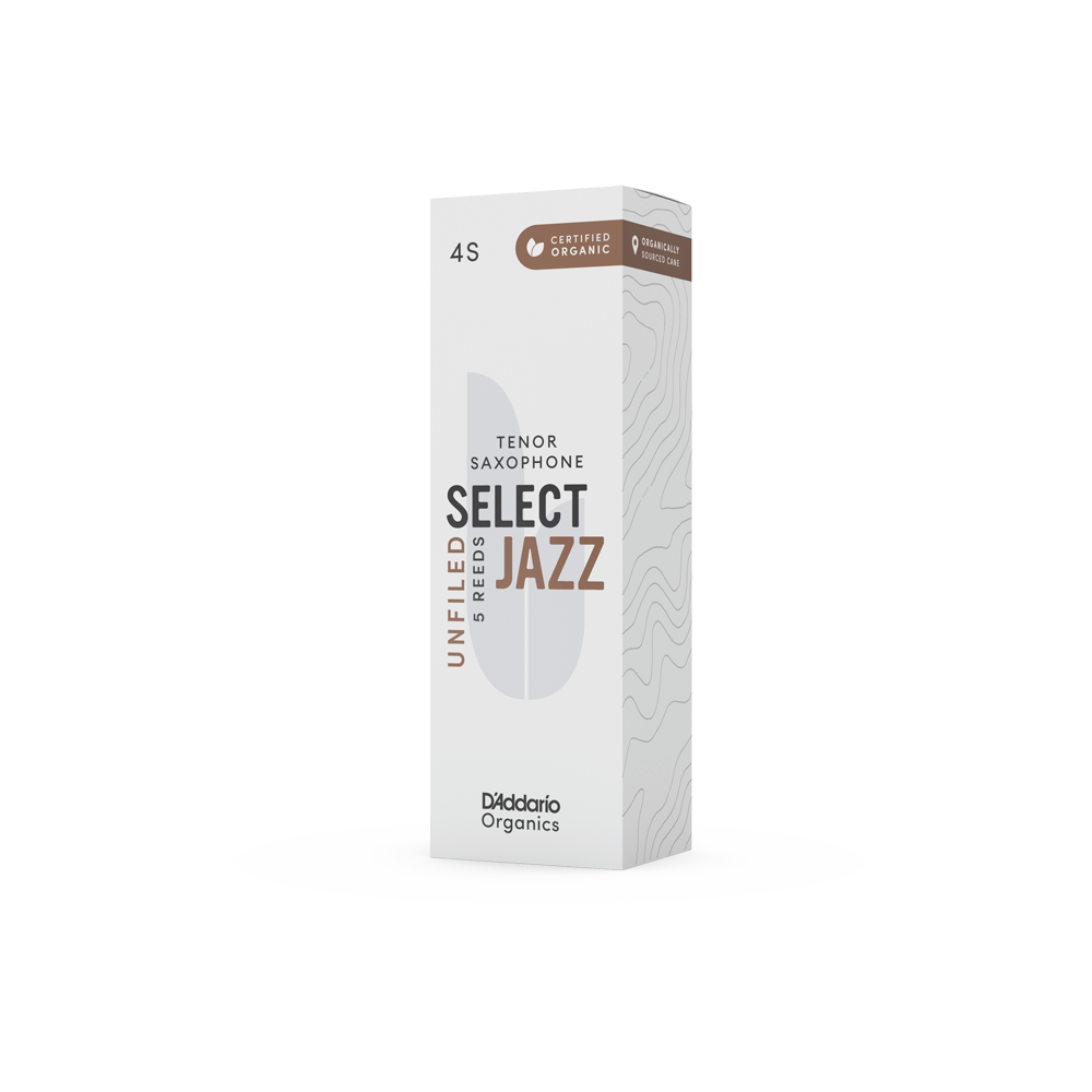 D'Addario Organic Select Jazz Unfiled Tenor Saxophone Reeds, Strength 4 Soft, Individually-Sealed, 5-Pack