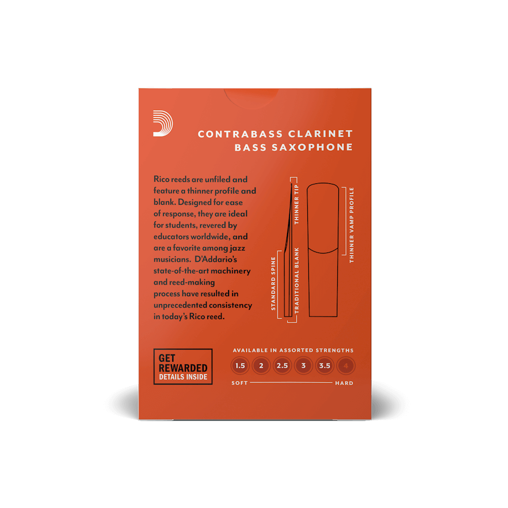 Rico by D'Addario Contra Clarinet/Bass Sax Reeds, Strength 1.5, 10-pack